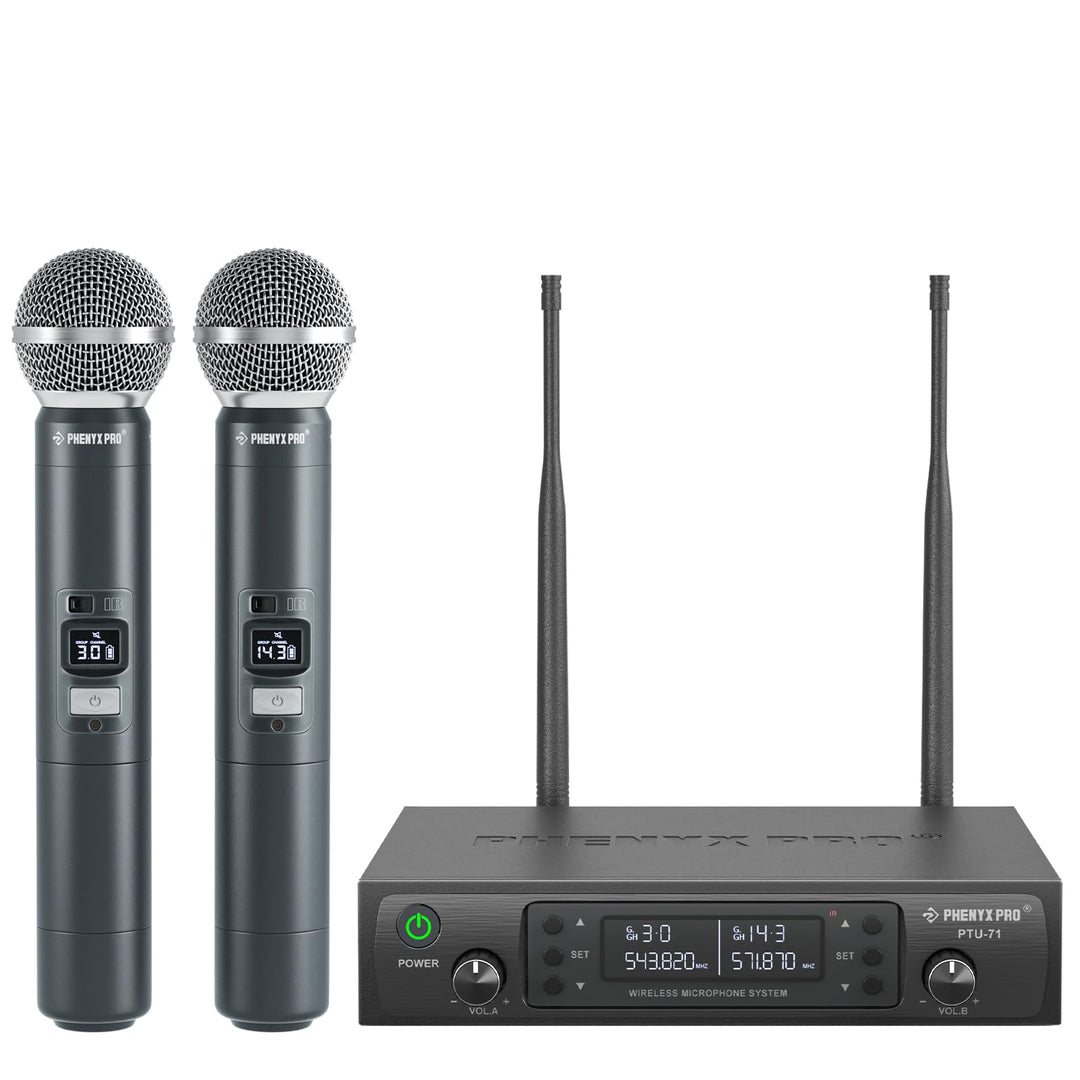 Phenyx Pro Drahtloses Mikrofonsystem, Dynamisches Funkmikrofon, 2x100 Einstellbare UHF Dual, Auto Sc