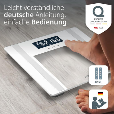 ADE Digitale Körperfettwaage bis 200 kg | Personenwaage für Körperfett, BMI, Muskelmasse, Körperwass