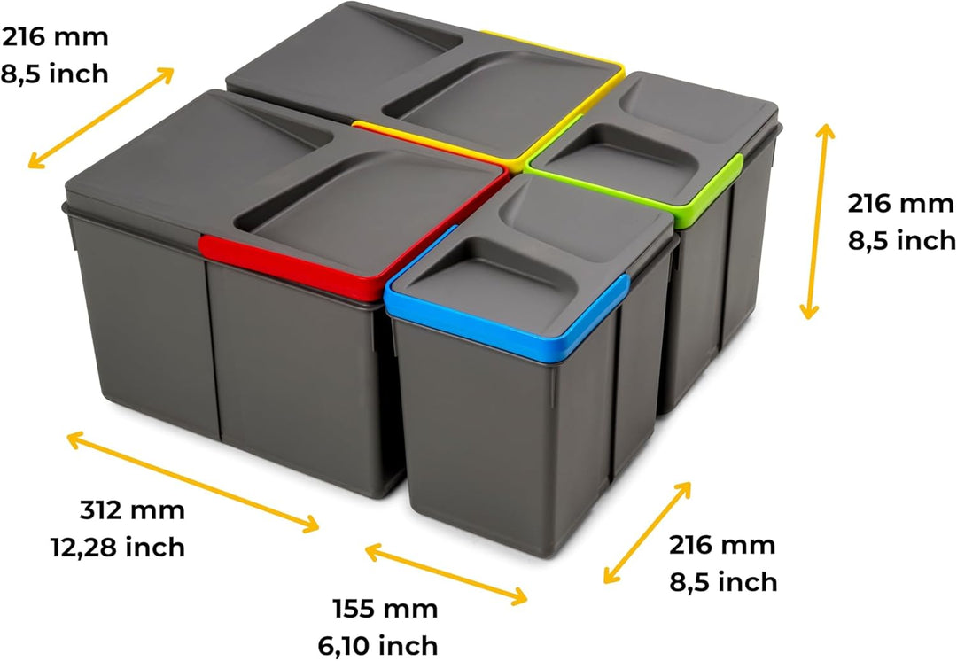Emuca - Recycle Behälter für Küchenschublade, Höhe 216, 2x12L + 2x6L, Anthrazitgrauer Kunststoff, Ku