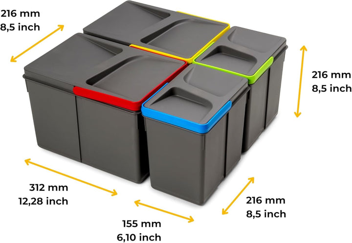 Emuca - Recycle Behälter für Küchenschublade, Höhe 216, 2x12L + 2x6L, Anthrazitgrauer Kunststoff, Ku