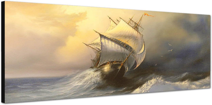 Paul Sinus Art Panoramabild auf Leinwand und Keilrahmen 150x50cm Meer Sturm Wellen Segelschiff