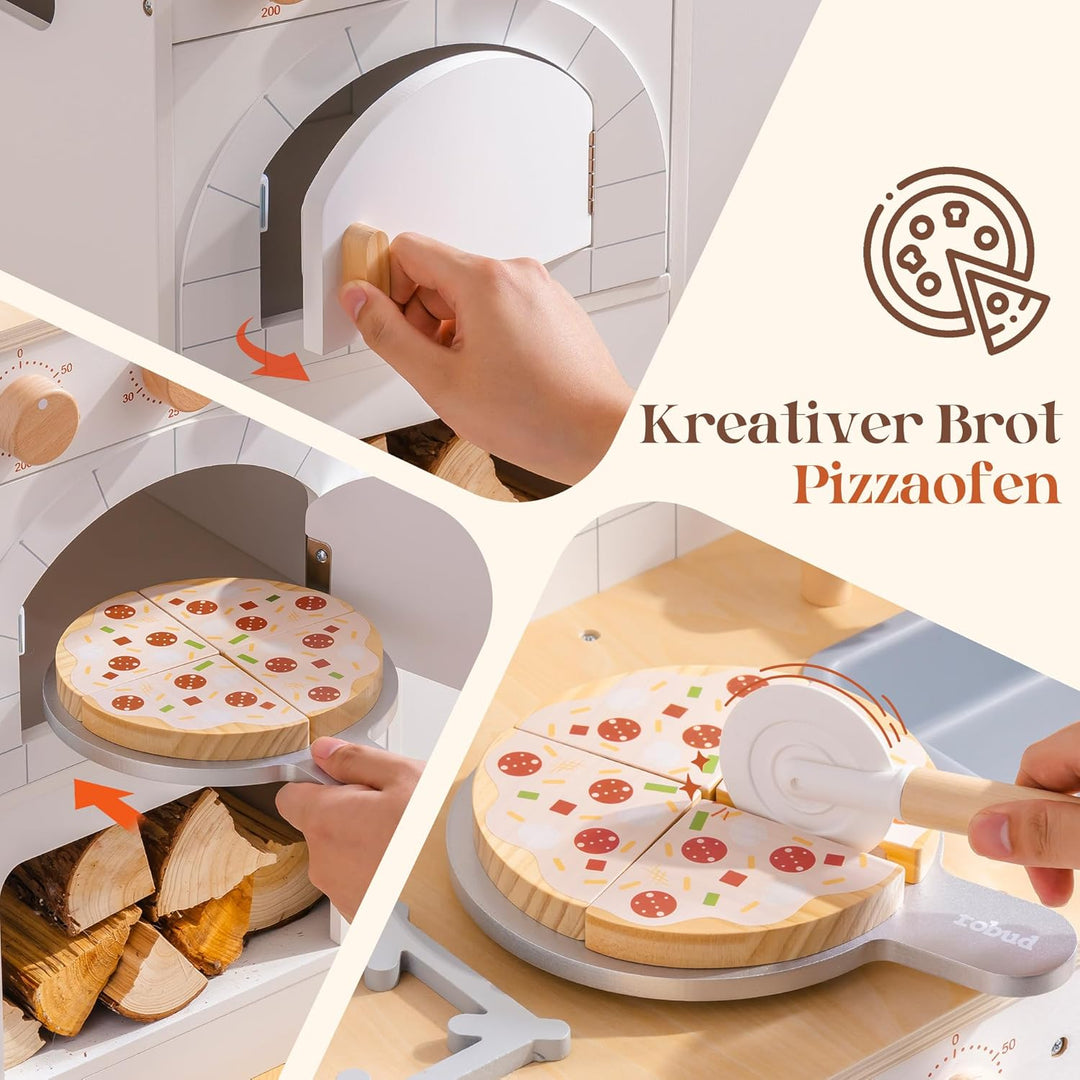 ROBUD Spielküche Holz für Kinder, Pizzaofen Kinderküche mit Kochgeschirr &amp; Pizzaschneider-Zubehör, R