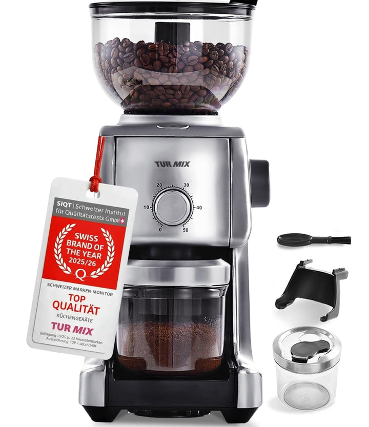 Turmix elektrische Kaffeemühle TX 190 – Kaffeemühle mit Kegelmahlwerk, 16 Stufen, 400 g Bohnenbehält