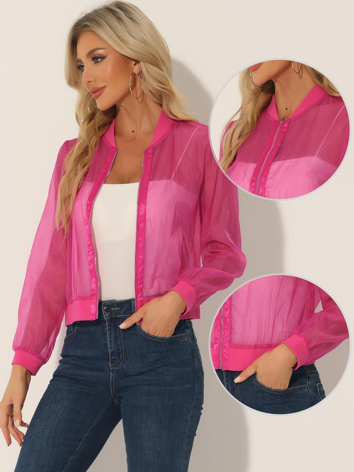 Allegra K Damen Sommer Jacke Langarm Reissverschluss Durchsichtige Transparente Leichte Bomberjacke
