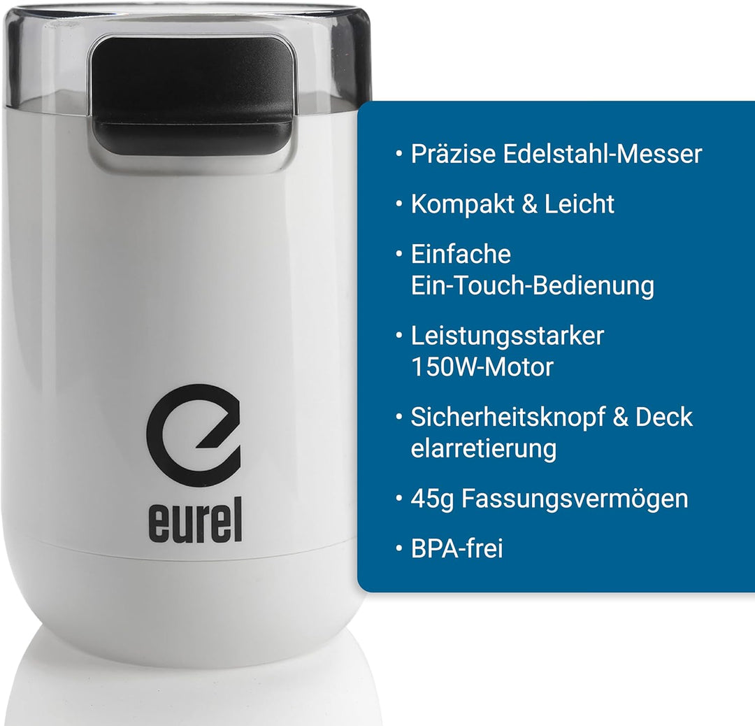 EUREL KMA weisse Kaffeemühle | Beste Mahlergebnisse I Mahlgrad variabel I Edelstahl Mahlbehälter und