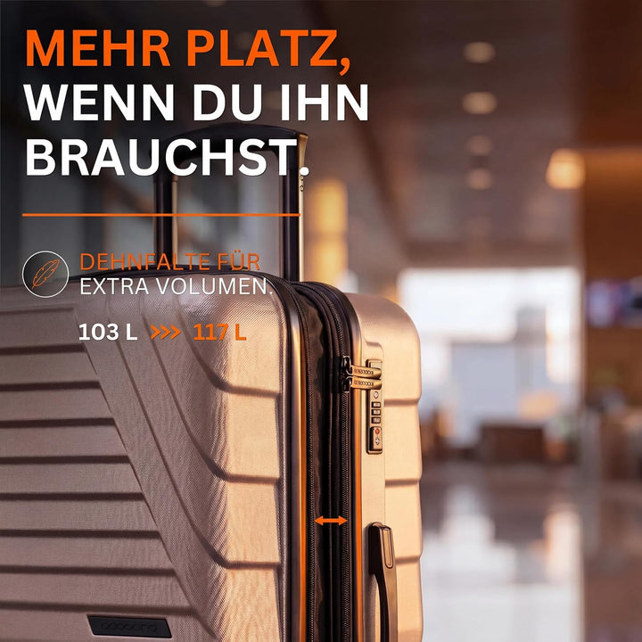 Hartschalenkoffer XL Gross - 100L Volumen erweiterbar auf 117L - 158cm Gurtmass - 8 Rollen 360° dreh