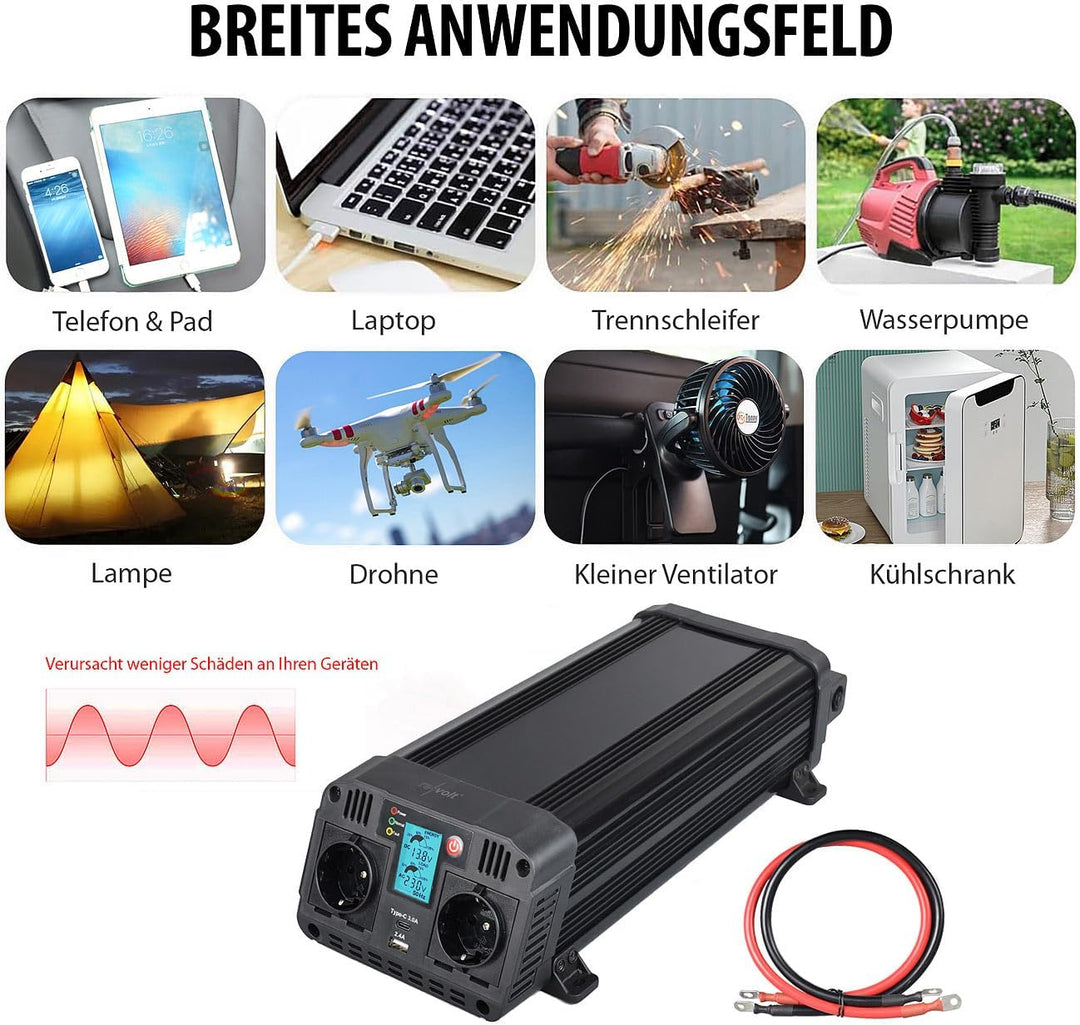 revolt Sinus Wechselrichter: 12-V-Wechselrichter auf 230 Volt, USB-A und -C, 1.500 Watt, Sinuswelle