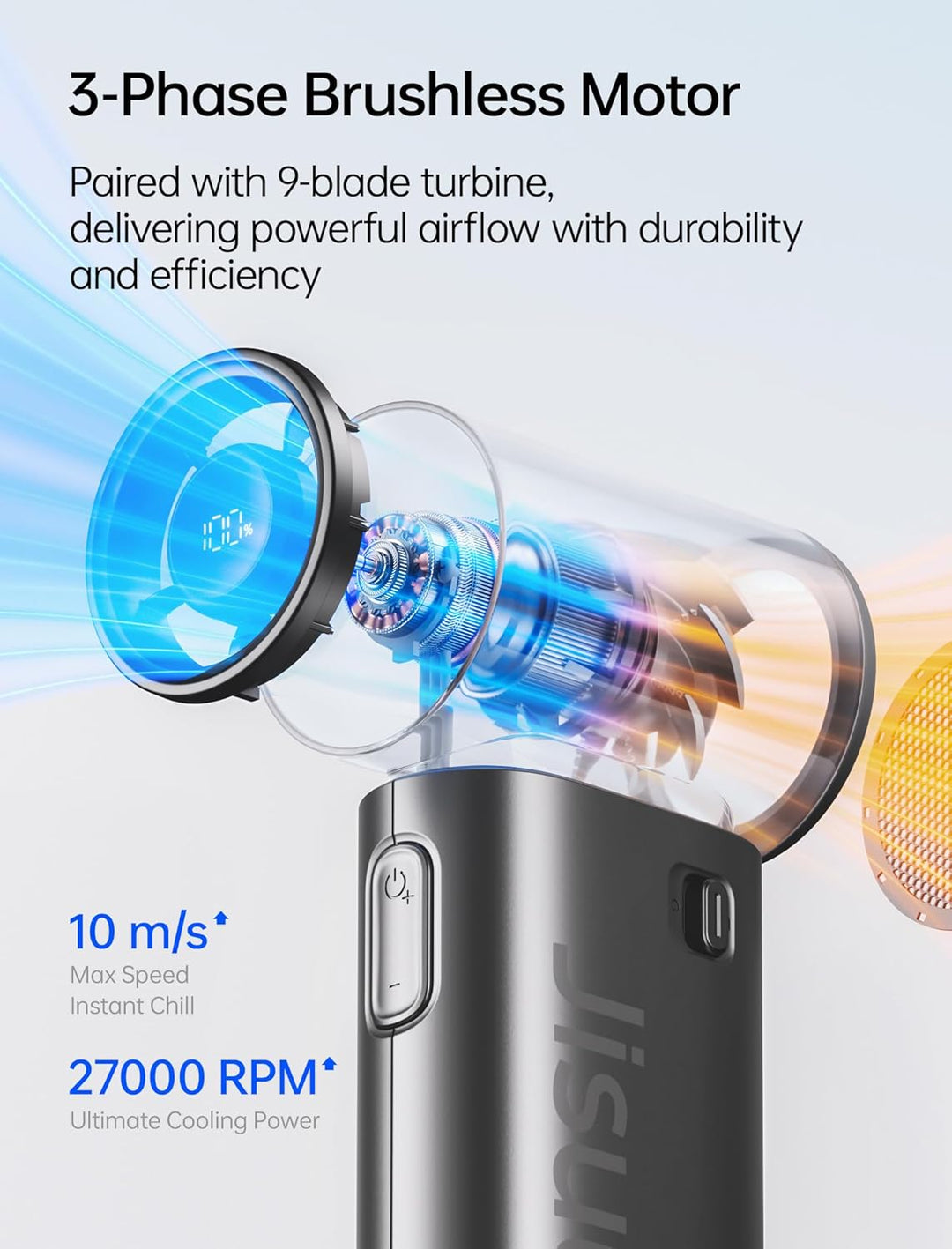 JISULIFE Tragbarer Handventilator 9S, Turbo Power, bis zu 22 Stunden Laufzeit, 5000 mAh Akku, 5-Gang
