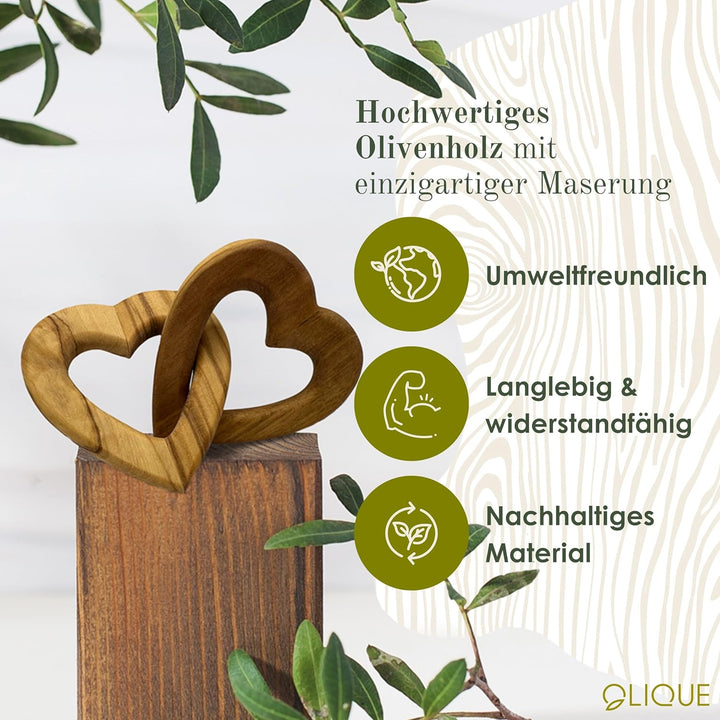 OLIQUE Holzherzen, Olivenholz - Verbundene Holz Herzen als individuelles Geschenk zur Hochzeit, Hoch