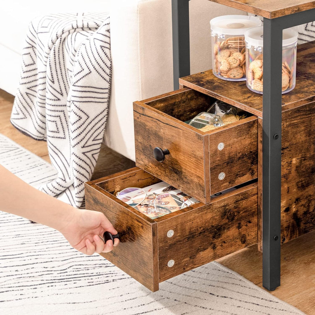 HOOBRO Beistelltisch mit Ladestation, Sofatisch mit 2 Schubladen und USB-Anschluss und Steckdose, Na