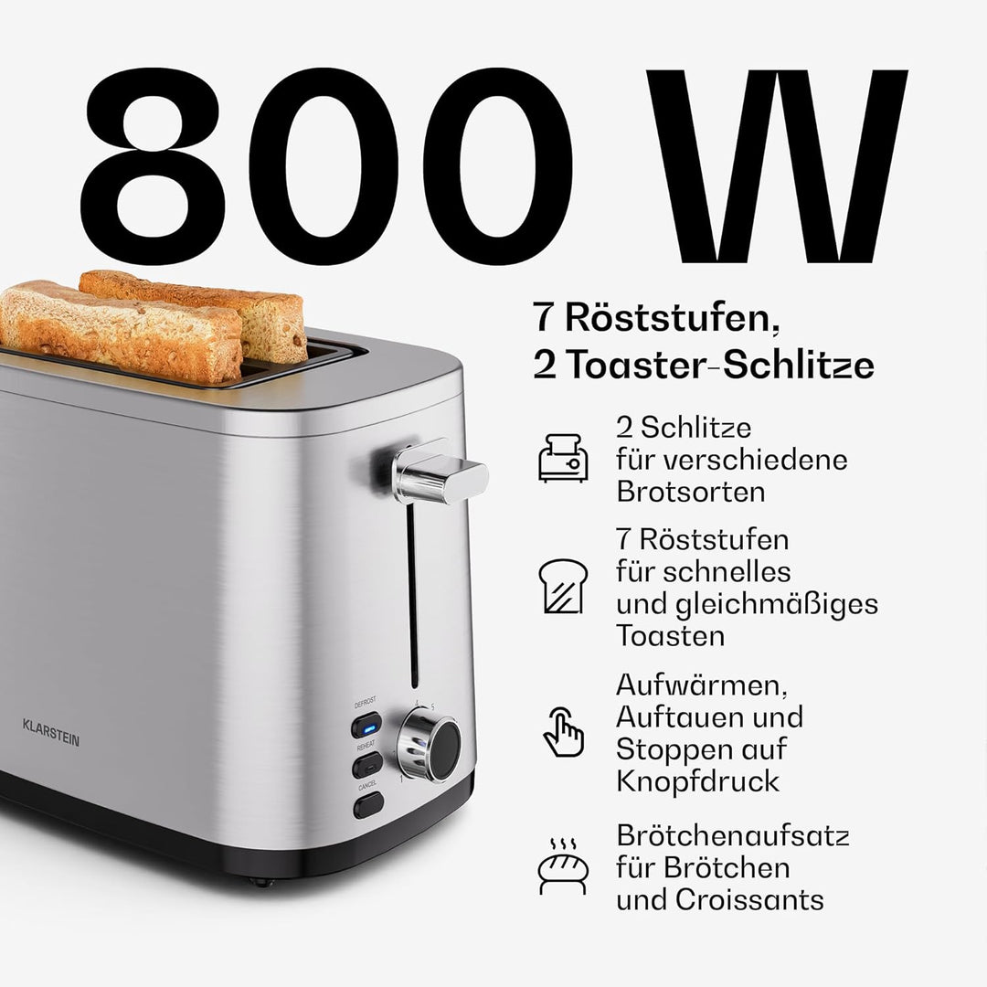 Klarstein Verosteel Toaster Wasserkocher Set - Edelstahl, 2 Scheiben Toaster mit 7 Bräunungsstufen &