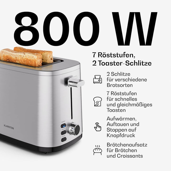 Klarstein Verosteel Toaster Wasserkocher Set - Edelstahl, 2 Scheiben Toaster mit 7 Bräunungsstufen &