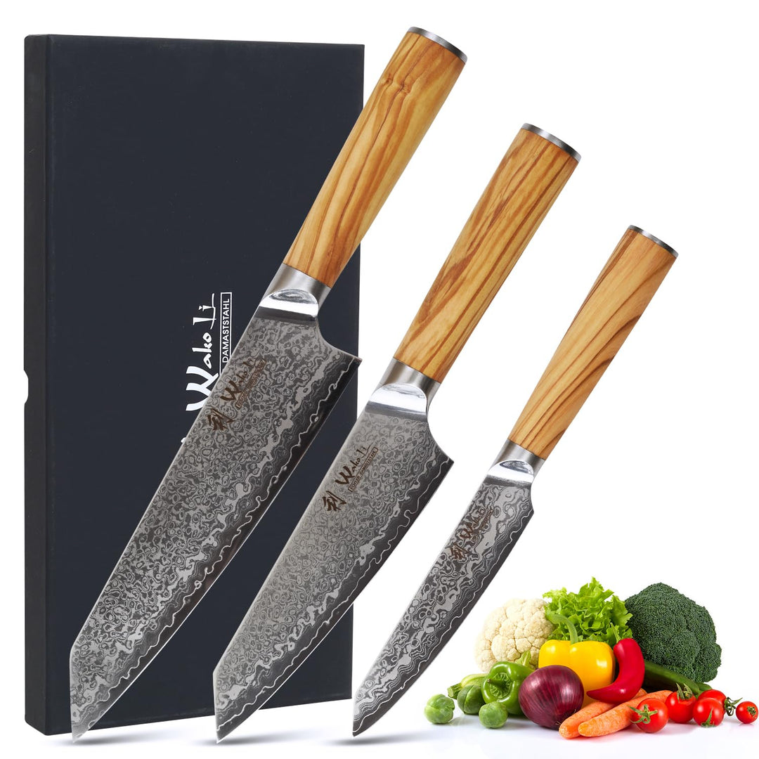 Wakoli Damast 3er Messer-Set Kiritsuke mit Klingen von 11 bis 20 cm extrem scharf aus 67 Lagen I Pro
