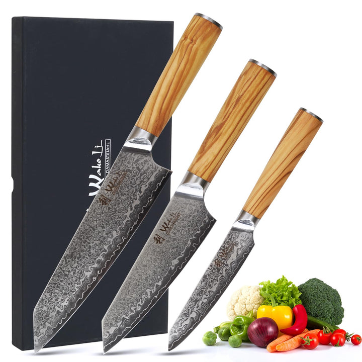 Wakoli Damast 3er Messer-Set Kiritsuke mit Klingen von 11 bis 20 cm extrem scharf aus 67 Lagen I Pro