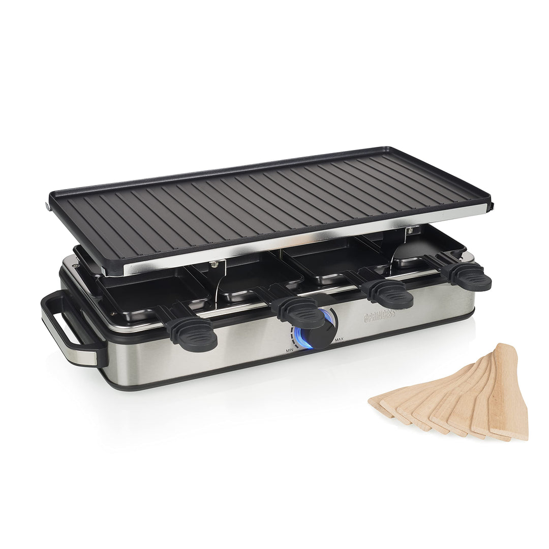 Princess Raclette Grill Deluxe - Wendbare Grillplatte, Edelstahlgehäuse, 8 Personen, 1400 Watt, Ther