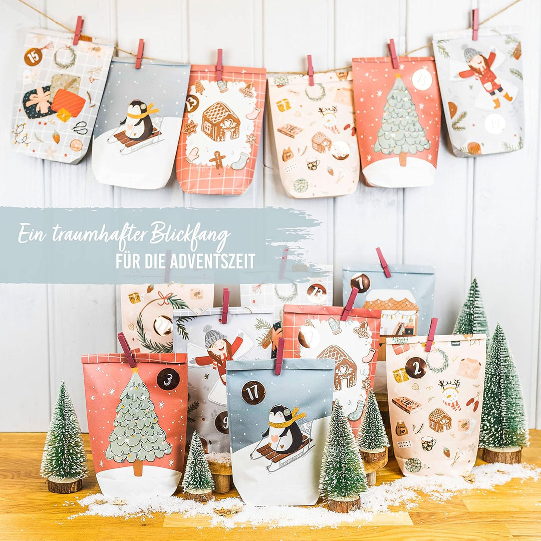 Papierdrachen Adventskalender 2025 zum Befüllen - 24 bedruckte Papiertüten in Eisblau & Rosa mit Zah
