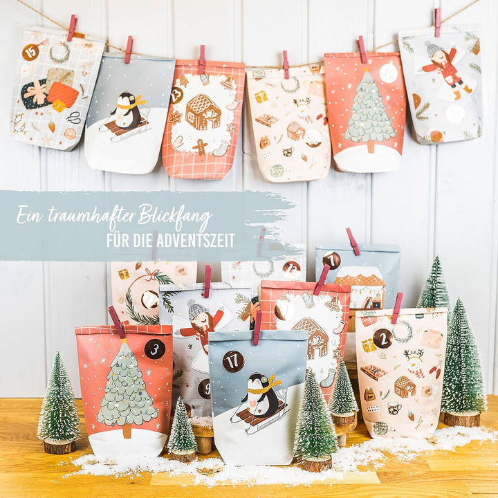 Papierdrachen Adventskalender 2025 zum Befüllen - 24 bedruckte Papiertüten in Eisblau & Rosa mit Zah