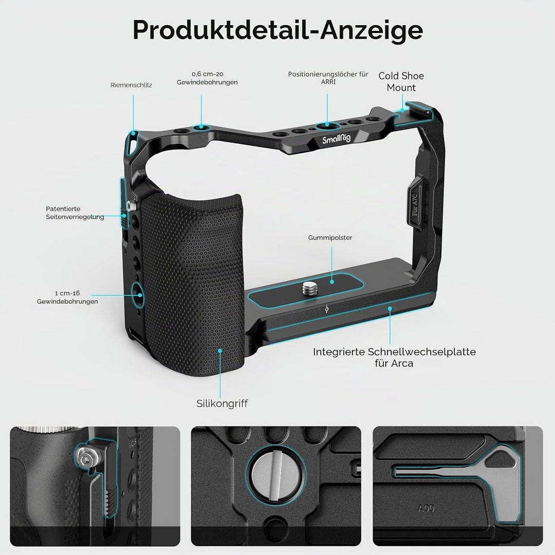 SMALLRIG Full Cage für Sony A7C, Käfig mit Silikon Griff und Cold Shoe Mount - 3212B