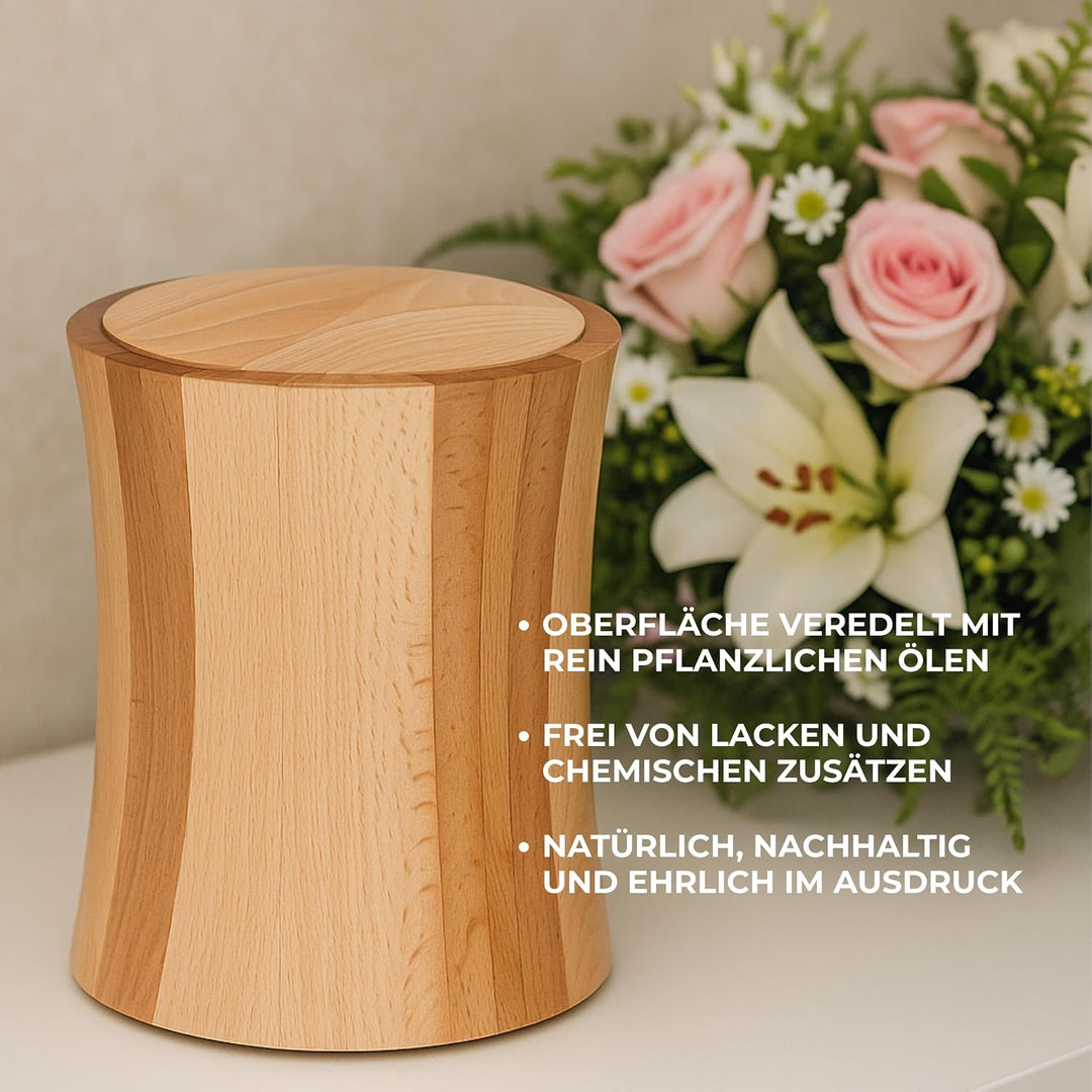 AROBA Handgefertigte Urne aus Buchenholz in Zylinderform – 5L Volumen für Menschliche Asche – Naturu