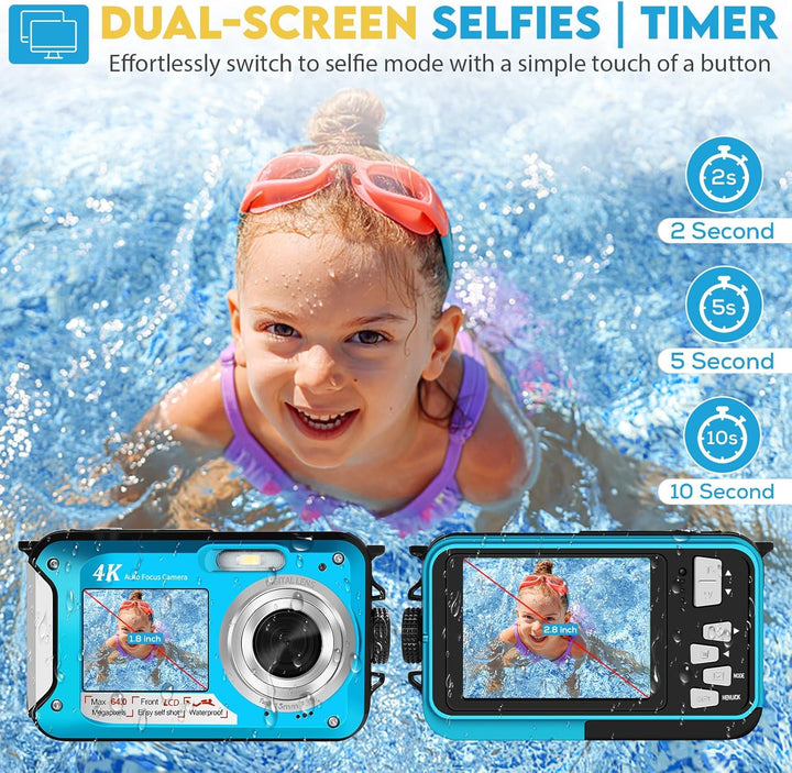 64MP Unterwasserkamera mit 64GB Speicherkarte, 4K unterwasser kamera mit Autofokus & Dual-Selfie-Bil