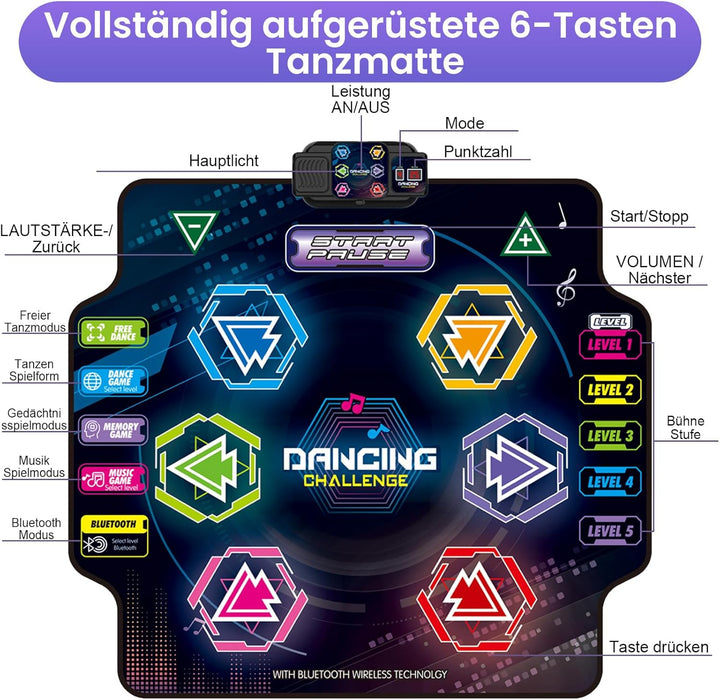 Tanzmatte für Kinder ab 3-12 Jahre, 2026 Musikmatte mit 6 LED-Lichtern&Bluetooth, 5 Modi, Tanzmatte