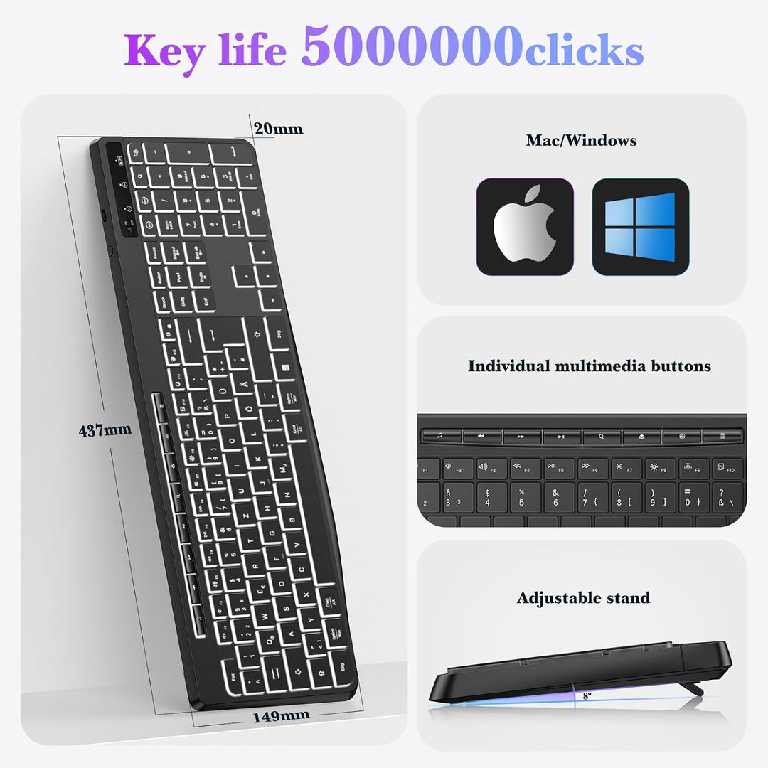 TECURS Tastatur Kabellos Gaming PC- Leise Tastatur QWERTZ Weiss Beleuchtet Ergonomisch Wasserdicht,