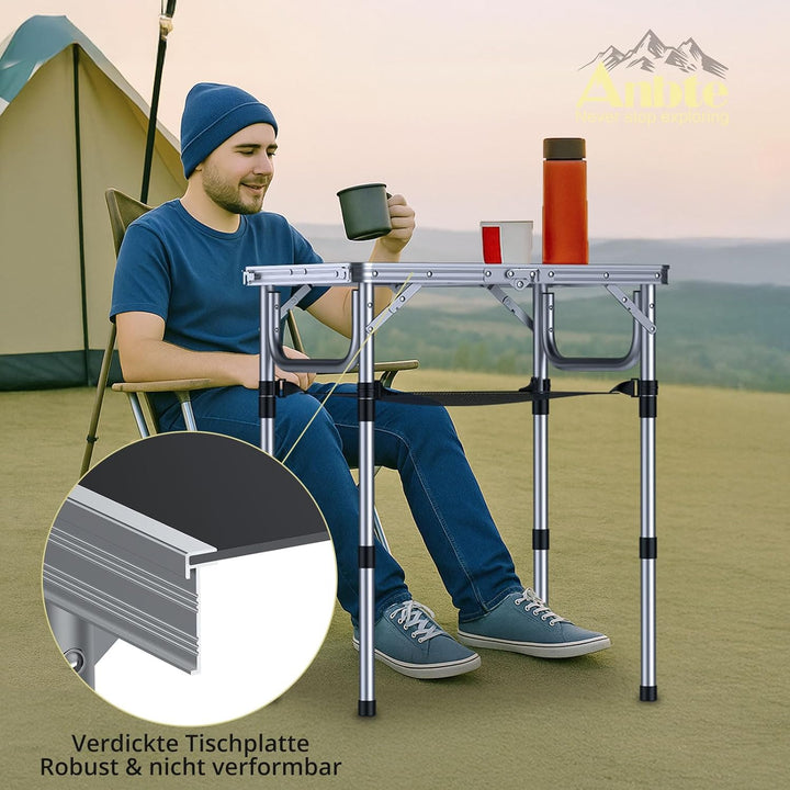Anbte Campingtisch Klapptisch Aluminium Falttisch 3 Höhen Verstellbarer Camping Tisch mit Aufbewahru