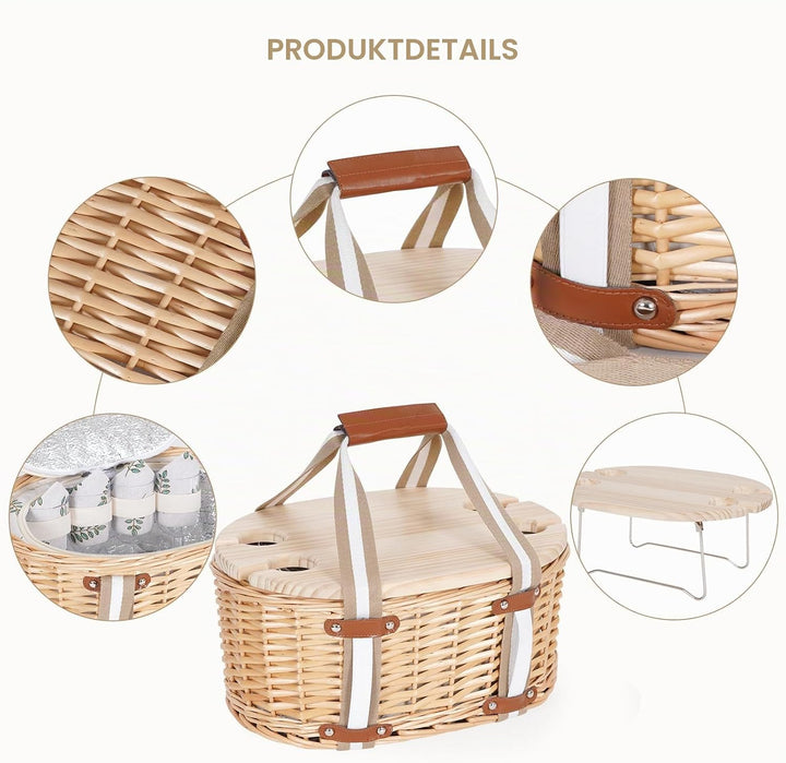 Picknickkorb-Set für 4 Personen – Isolierter Weidenkorb mit klappbarem Weintisch, Picknickset mit In