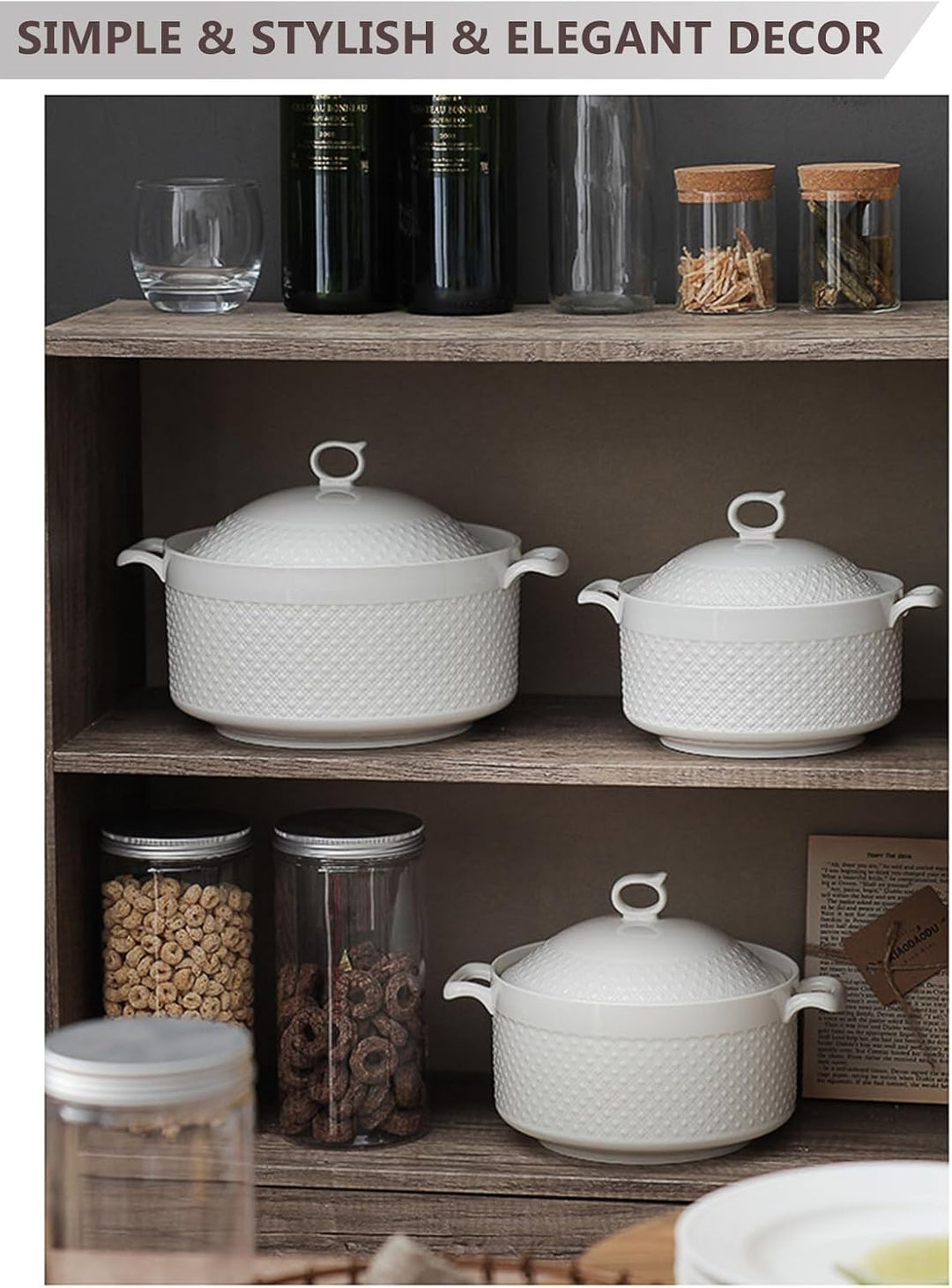 Weisse cremefarbene Suppenterrine mit Deckel, 3,6 l, grosse Porzellan-Suppen-Servierschale mit Griff