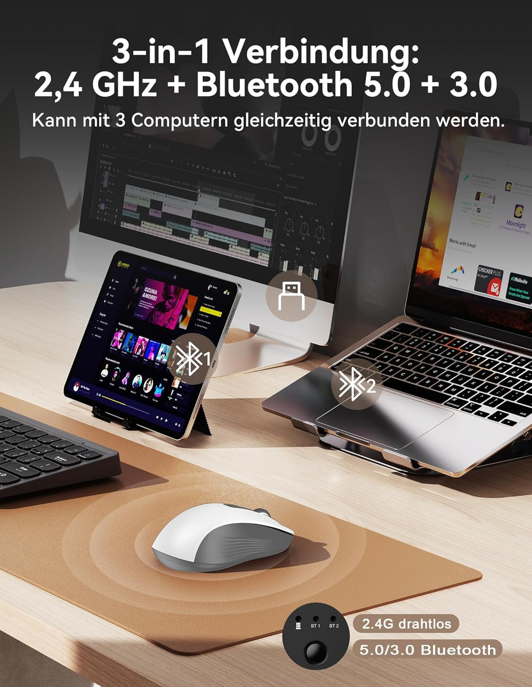 TECKNET Bluetooth Maus, Maus Kabellos (Tri-Modus: BT 5.0/3.0+2.4G) 4800 DPI Leise Mouse, Funkmaus mi