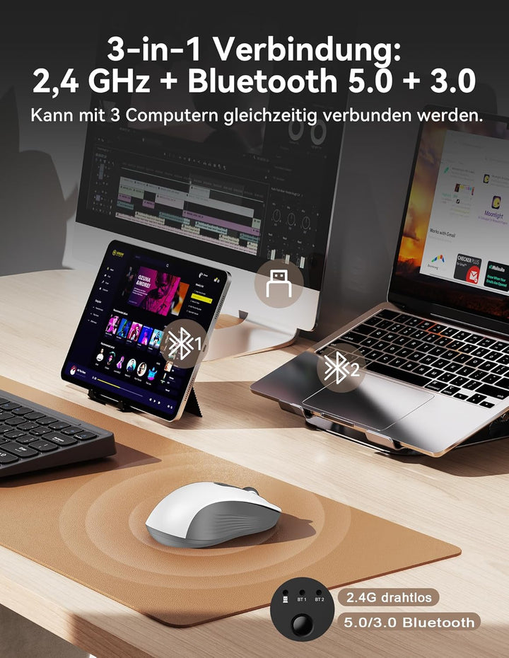 TECKNET Bluetooth Maus, Maus Kabellos (Tri-Modus: BT 5.0/3.0+2.4G) 4800 DPI Leise Mouse, Funkmaus mi