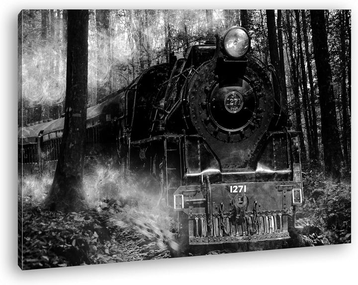 deyoli gewaltige Lokomotive im Wald Effekt: Schwarz/Weiss im Format: 100x70 als Leinwandbild, Motiv
