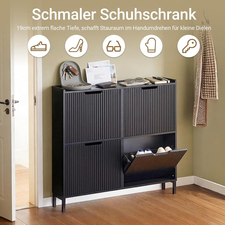 SoBuy Schuhschrank schmal mit 4 Klappen Platzsparender Schuhkipper Hoch Kommode Schuhregal geschloss