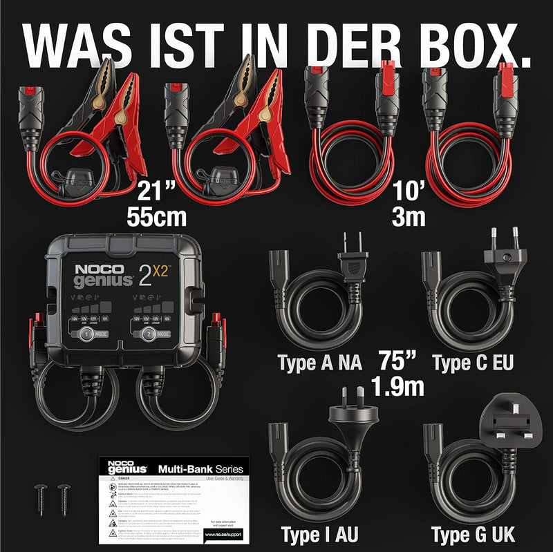 NOCO GENIUS2X2: 4A (2A/Bank) Ladegerät, 6V/12V Batterieladegerät, Erhaltungsladegerät und Desulfator