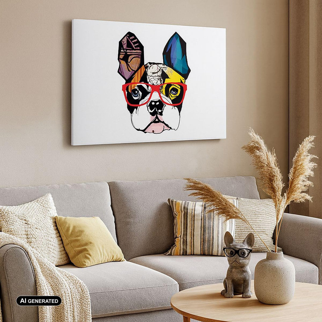 Bilder auf Leinwand 100x70cm Leinwandbild Hund Brille Bunt Bulldogge Gross Wanddeko Bild Schlafzimme