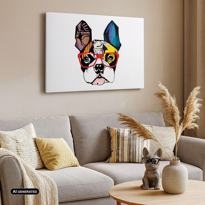 Bilder auf Leinwand 100x70cm Leinwandbild Hund Brille Bunt Bulldogge Gross Wanddeko Bild Schlafzimme