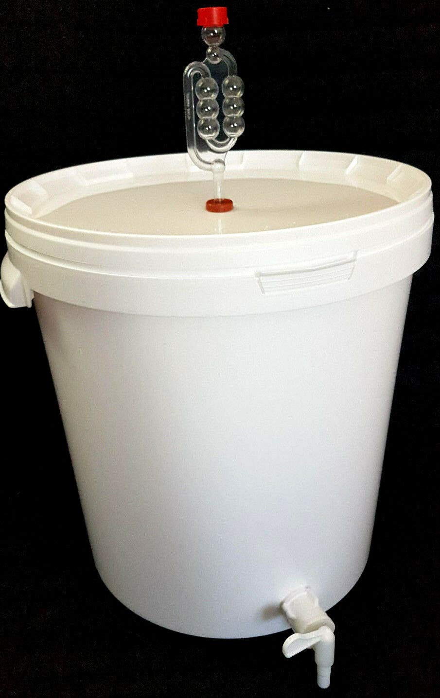 Grosser Gärbehälter 33 Liter für Bier oder Wein mit Ablasshahn und Gärröhrchen Gäreimer (Weiss 33 l)