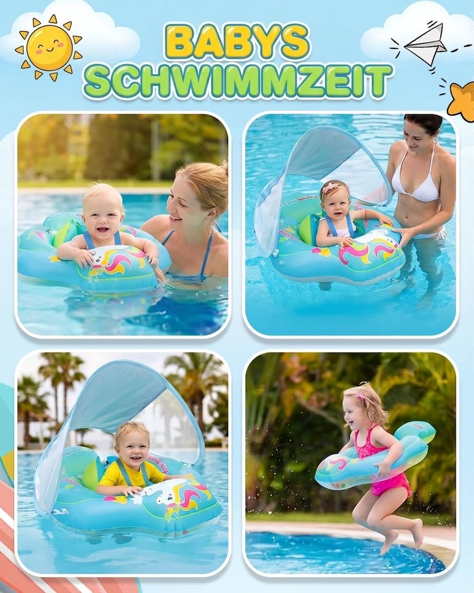 Baby Schwimmring mit Sonnendach, UPF 50+ Aufblasbarer Schwimmring Baby mit Dach, UV-Schutz Sonnenver