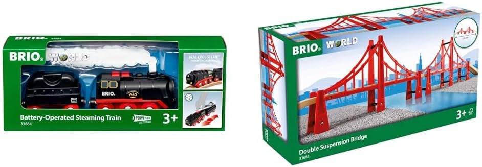 BRIO World 33884 Batterie-Dampflok mit Wassertank & World 33683 - Hängebrücke - Eisenbahnzubehör für