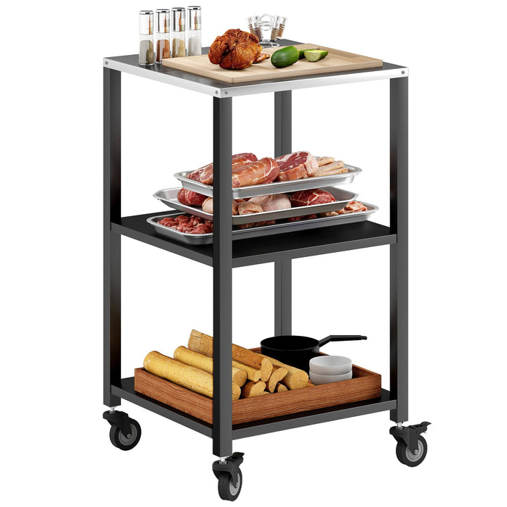 Outsunny Grillwagen 3-Etagen Grilltisch mit Edelstahl Arbeitsfläche Rollen mobiler Servierwagen Outd