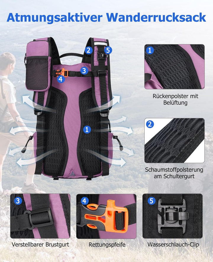 22L Wanderrucksack Herren Damen, Klein Rucksack Leicht Reiserucksack mit Telefonhalter, Trekkingruck