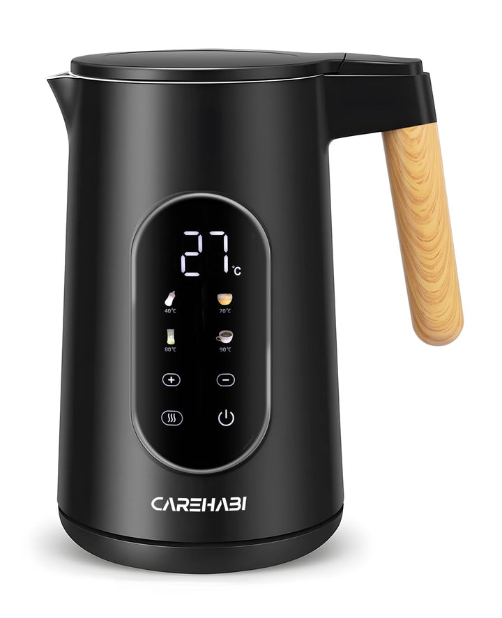 Carehabi Wasserkocher mit Temperatureinstellung 1.7 Liter Wasserkocher Edelstahl Schwarz 40°C-100°C