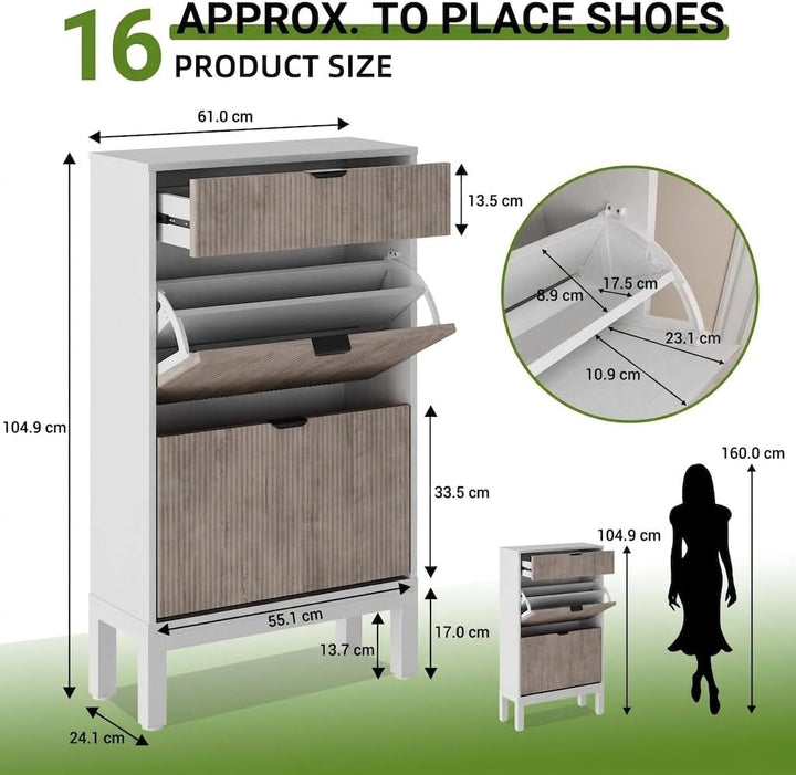 Breit 60 x 24 x 105 Hoch cm Schuhschrank Schmal, 2 Klappen & 1 Schubladen, Elegantes Wellenmuster De