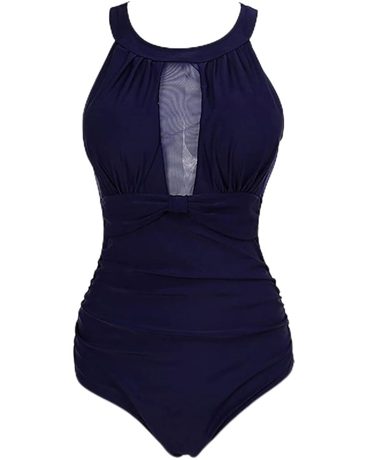 VILOREE Damen Schlankheits Badeanzug Raffung Einteiler High Neck Bademode Strandmode M Navy, M Navy