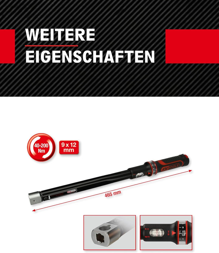 KS Tools Einsteck Drehmomentschlüssel 9x12 mm ERGOTORQUEprecision 516.1642 I 40-200 Nm I Mit Doppels