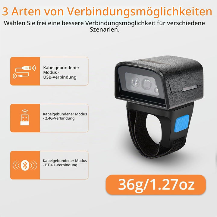 JRHC 1D 2D Bluetooth tragbarer Ring Barcode Scanner, tragbarer Mini Barcode-Barcode-Leser mit 2,4-GH