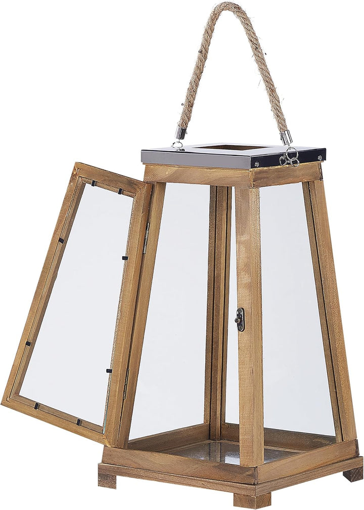 Holzlaterne Kiefernholz H: 39 cm Windlichtlaterne Sicherheitsglas braun Pulau