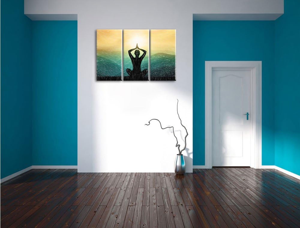 Pixxprint Yoga und Meditation in den Bergen Kunst Buntstift Effekt 3-Teiler Leinwandbild 120x80 Bild
