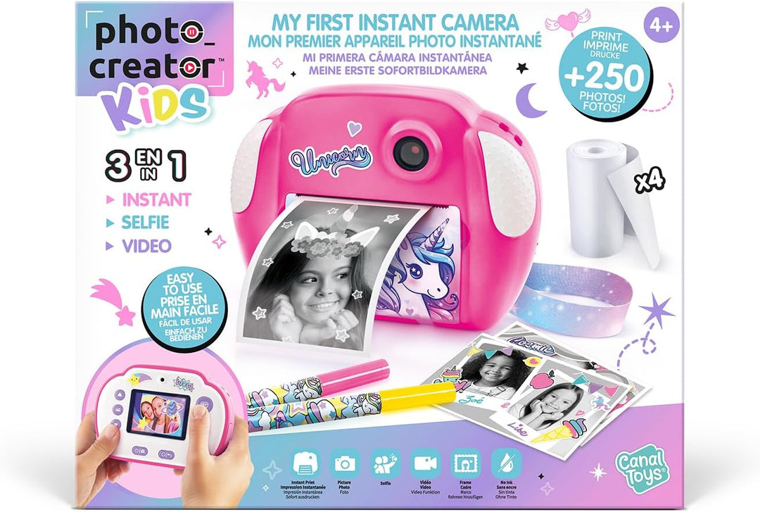 Canal Toys Creator 013-Kanal Toys, Sofortbildkamera, Einhorn, mit 4 Rollen Papier und 4 Filzstiften,
