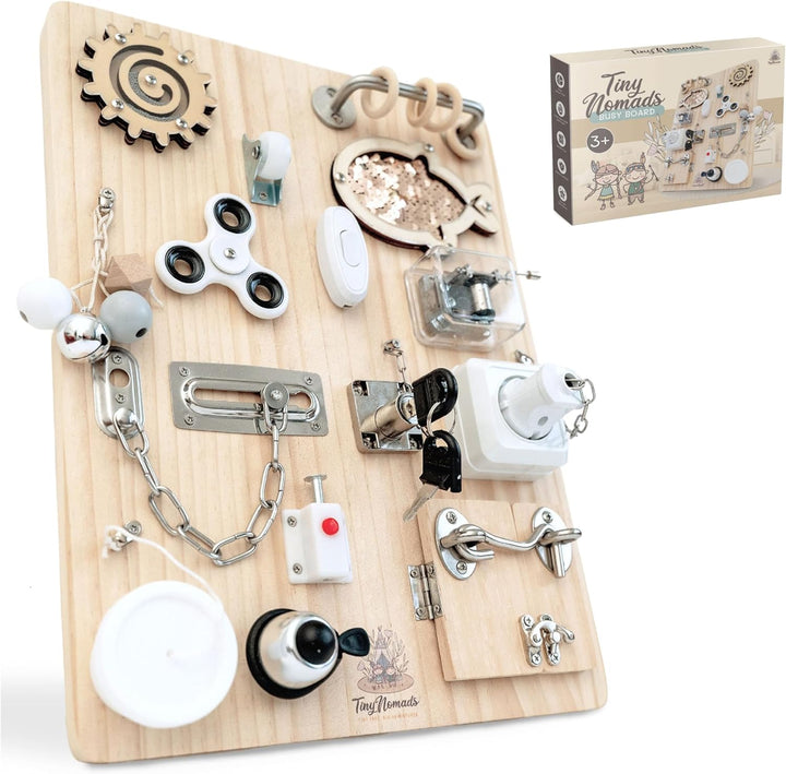 Tiny Nomads Montessori Busy Board motorikbrett ab 1 2 3 4 Jahr - Motorikboard für Baby Sensorik Acti